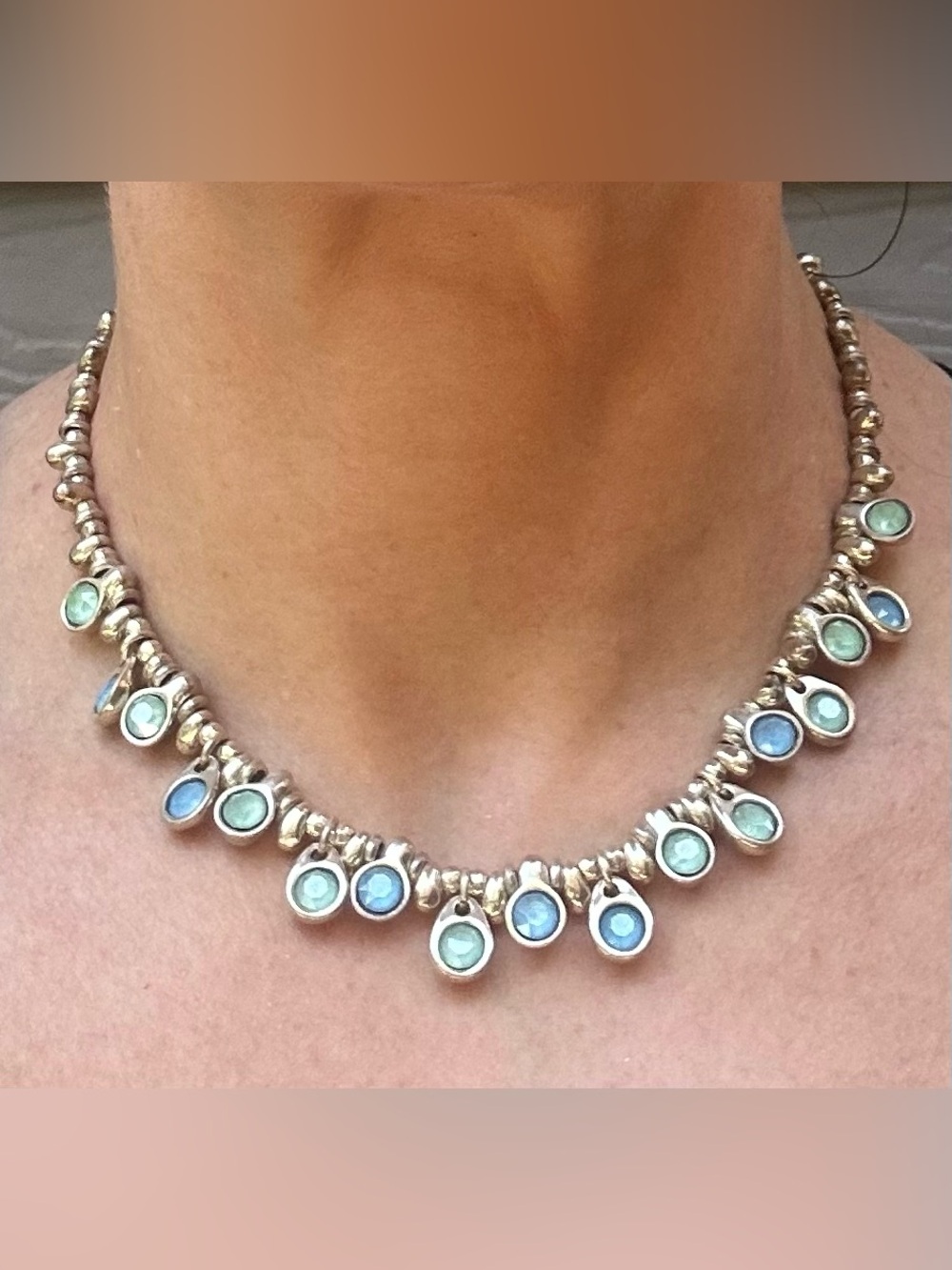 NWOT UNO de 50 Silver Necklace with Blue & Aqua Drops